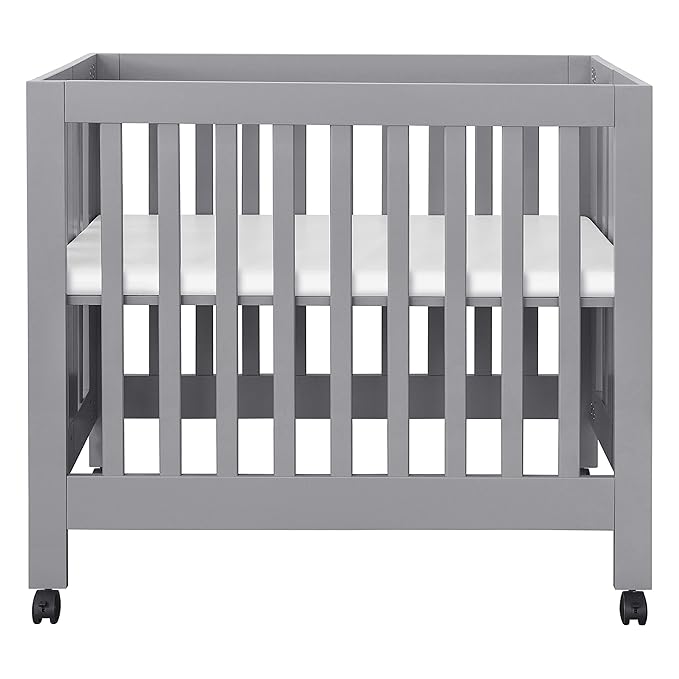 Babyletto Origami Mini Portable Folding Crib with Wheels in Grey, 2 Adjustable Mattress Positions, Greenguard Gold Certified