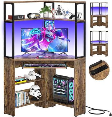 Cyclysio Small Corner Desk with Hutch, Heavy Duty Corner Computer Desk with Power Outlets & LED Light, Triangle Corner Gaming Desk with Keyboard Tray for Home Office, Small Space, Workstation Brown