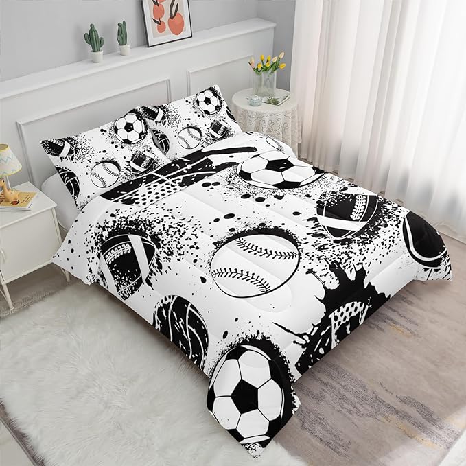 Axolotl Ball Sports Comforter Set Full,Football Soccer Bedding Set,Football Baseball Game Comforter Set,Baseball Comforter Set,Hip Hop Graffiti Artwork Bedding for Boys Kids Men,1 Quilt 2 Pillowcases