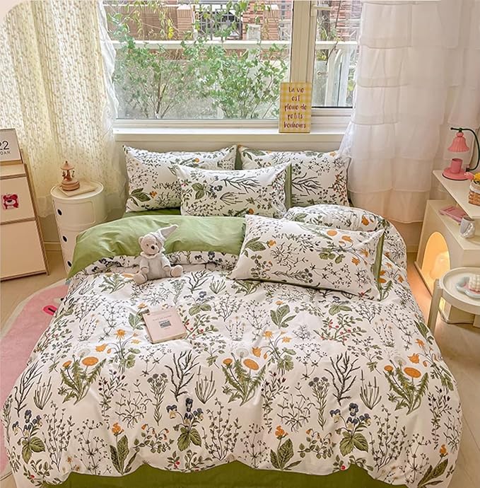 Botanical Comforter Set Full White and Sage Green Floral Plant Bedding Set Garden Pattern Printed on White Reversible Blanket 3 PCs 1 White Comforter 80"x90" and 2 Pillowcases