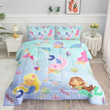 Datura home Mermaid Comforter Set, Kawaii Girls Blue Bedding with 2 Pillowcases, Queen 90x90inches