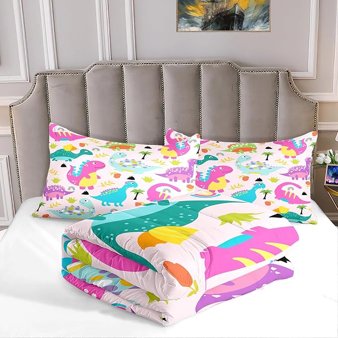 Girls Bedding Dinosaur Comforter Set Queen, Cute Dinosaur Bedding Set for Girls Adults Soft Breathable Dino Quilt Kids Queen Comforter Set, 1 Comforter 2 Pillowcase