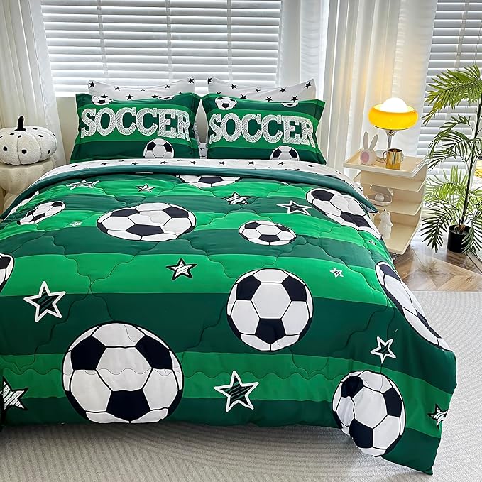 7 Piece Boys Soccer Comforter Set Twin Size Bed in A Bag 3D Football Playground Sports Bedding Set for Kids Microfiber Comforter All Season Green