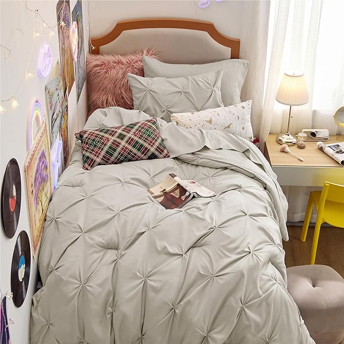 Bedsure Twin Size Comforter Sets - 5 Pieces Pintuck Bed Set Twin Size, Beige Twin Size Bed in a Bag with Comforter, Sheets, Pillowcase & Sham