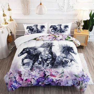 Kid Galloping Horse Comforter Set Room Purple Floral Animal Theme Handsome Horse Bedding Set for Boys Girls Adult, 1 Comforter + 2 Pillowcases