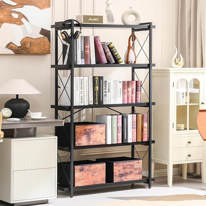 HCHQHS Bookshelf, 5-Tier Industrial Bookcase, Black Open Book Shelf, Freestanding Tall Bookshelves with Metal Frame