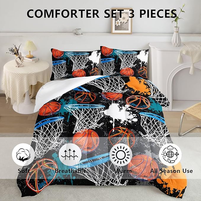 Axolotl Basketball Comforter Set Twin,Sports Comforter Set,Basketball Bedding Set,Sports Theme Comforter Set,Grunge Bedding Aesthetic Cool Style for Boys Kids Men,1 Quilt 2 Pillowcases,Black Blue