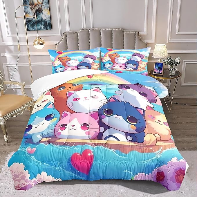 Cat Bedding Set Queen Size - Cute Girls Bedding Cat Comforter Set for Kids Teens Girls Cartoon Animal Print Cat Quilt Soft Breathable Kid Comforter Set, 1 Comforter 2 Pillowcase