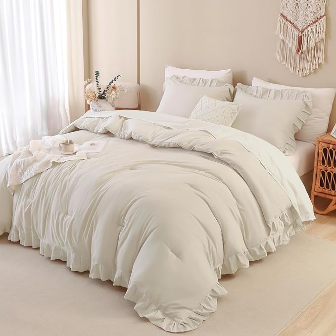 Andency Beige Comforter Set Full Size, 3 Pieces Solid Ruffle Vintage Rustic Soft Bedding Comforter Sets, All Season Lightweight Fluffy Soft Microfiber Bedding Set (79x90 Comforter & 2 Pillowcases)