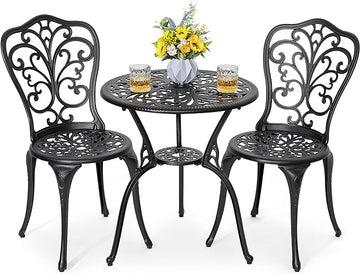 NUU GARDEN 3 Piece Bistro Set Outdoor, All Weather Cast Aluminum Patio Bistro Sets Patio Table and Chairs Set of 2 with Umbrella Hole for Yard, Balcony, Black, Butterfly Backrest