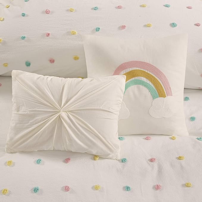 Callie Cotton Jacquard Weave Colorful Pom Pom Kids Comforter sets, Down Alternative Shabby Chic All Season Girls Bedding, Bedroom Decor, Full/Queen, Multi 5 Piece