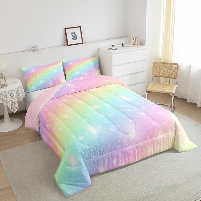 Erosebridal Rainbow Bedding Set for Kids Girls Teens Women Tie Dye Pastel Comforter Set Twin Size Golden Stars Glitter Bedding Comforter Set Watercolor Art Girly Quilt Set Sweet Bedroom Decor 2 Piece