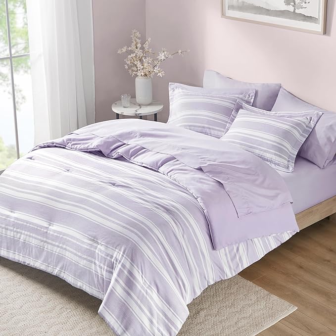 Codi Bed in a Bag Twin Size Complete Set, Lavender Purple Striped Single Comforter Set 5 Piece for Teen, Modern Neutral Cationic Dyeing Bed Sets with Comforter, Sheets, Pillowcases & Shams