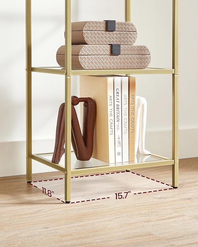 VASAGLE Bookcase, 5-Tier Bookshelf, Slim Shelving Unit for Bedroom, Bathroom, Home Office, Tempered Glass, Steel Frame, Metallic Gold ULGT029A01