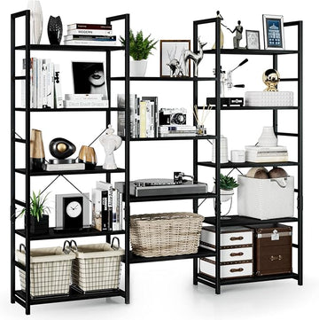 NUMENN Triple Wide 5 Tier Bookshelf, Rustic Industrial Style Bookcases and Bookshelves with 14 Open Display Shelves, Modern Tall Bookcase Furniture for Bedroom, Living Room and Home Office, Black