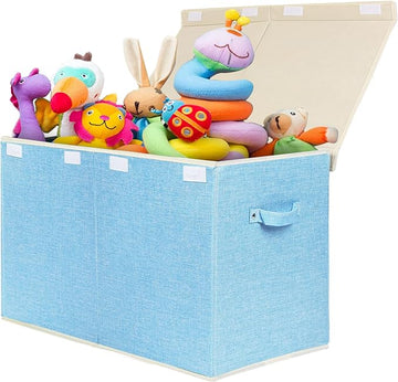 popoly Large Toy Box Chest with Lid, Collapsible Sturdy Toy Bin Storage Organizer Boxes Baskets for Kids, Boys, Girls, Nursery, Playroom, 25"x13" x16" (Linen Blue)