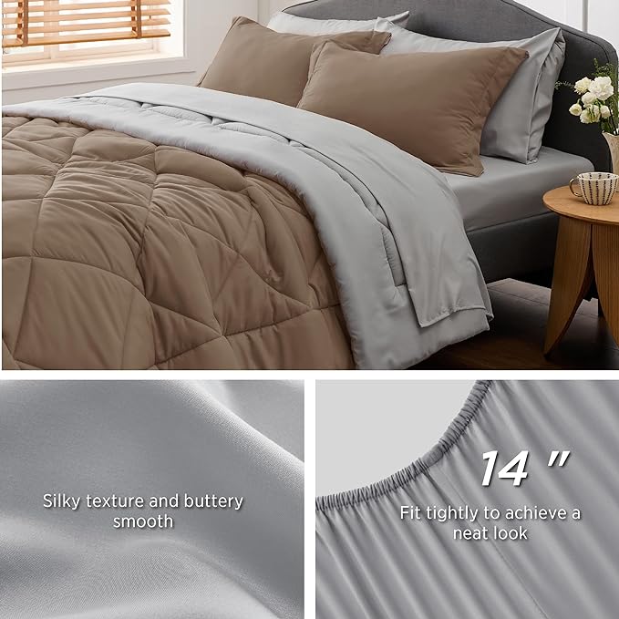 Bedsure Brown Full Size Comforter Set - 7 Pieces Reversible Full Bed in a Bag, Full Bed Set Brown and Grey with Comforters, Sheets, Pillowcases & Shams