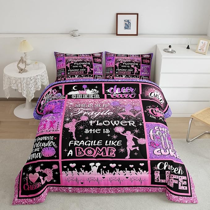 Cheerleading Comforter Set Cheer Gifts,Cheerleader Loves Bedding Set for Kids Girls Teens Adult,Cheer Pink (no real) Sequins Quilt Set King Geometric Plaid Patchwork Duvet Insert with 2 Pillowcases