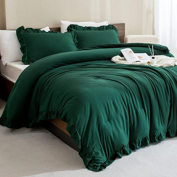 Andency California King Comforter Set Dark Green (104x96Inch), 3 Pieces Cal King Ruffle Comforter, Oversized Farmhouse Shabby Chic Bed Comforter, Lighteweight and Soft Microfiber Bedding Set