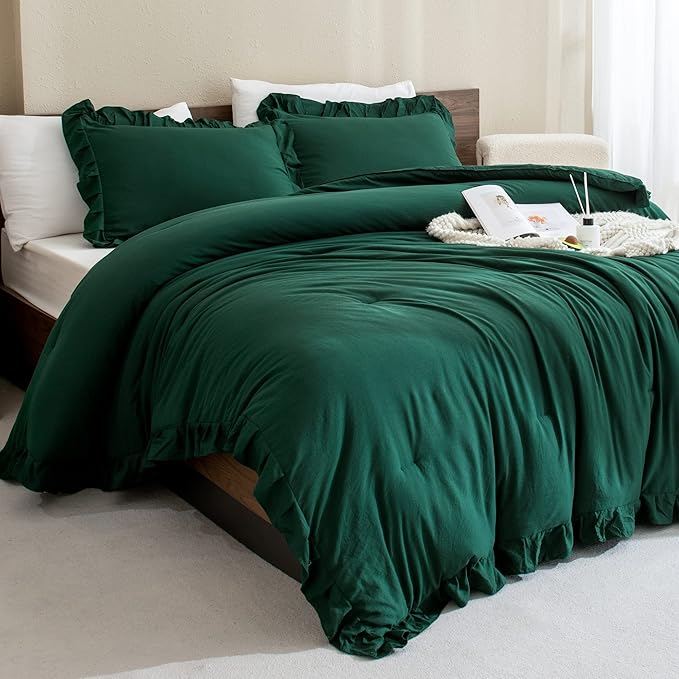 Andency California King Comforter Set Dark Green (104x96Inch), 3 Pieces Cal King Ruffle Comforter, Oversized Farmhouse Shabby Chic Bed Comforter, Lighteweight and Soft Microfiber Bedding Set