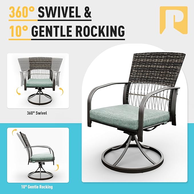 Pamapic 5 Piece Patio Dining Set for 4,Wicker Outdoor Furniture Set for Backyard Garden Deck Poolside with Square Plastic-Wood Table Top,4 Cushions Swivel Rocker Chairs,Removable Cushions(Green)
