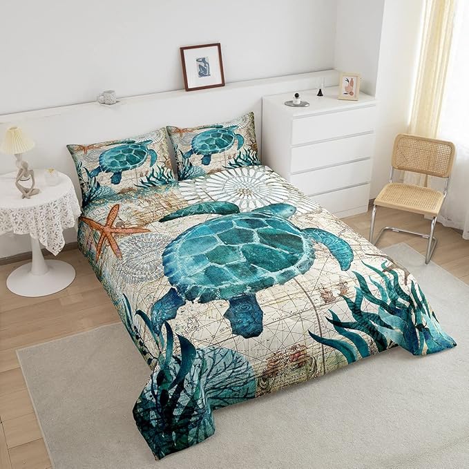Turtle Bedding Teal Turtle Comforter Set Turquoise Ocean Themed Mediterranean Style Printed Design Ocean Turtle Down Comforter Quilted Duvet Set Queen Size 1 Comforter 2 Pillowcases (Queen, Turtle)
