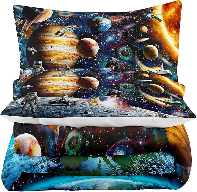 Tailor Shop Universe Galaxy Comforter Set for Girls Boys Kids Galaxy The Planet The Earth Astronaut Stars Outer Space Bedding Set Queen Size with 1 Comforter 2 Pillowcases,18…