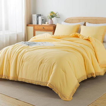 Andency Yellow Tassel Comforter Set Queen(90x90Inch), 3 Pieces(1 boho Comforter, 2 Pillowcases) Farmhouse Shabby Chic Comforter Set, Soft Microfiber Lightweight Fringe Bedding Comforter Set
