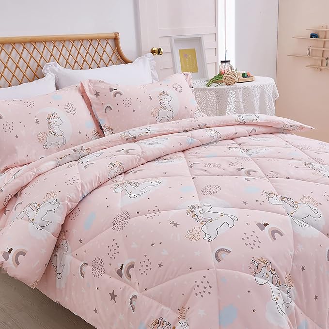 JSD Pink Unicorn Kids Comforter Set for Girls, 3 Pieces Full Microfiber Comforter with Pillow Sham, Soft Comfortable Machine Washable