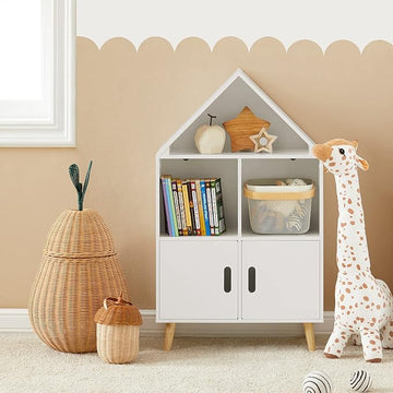 Haotian KMB58-W, Children Kid's Bookcase with 3 Storage Compartments and Cabinet, Bookshelf, Book Rack, Book Holder Organizor