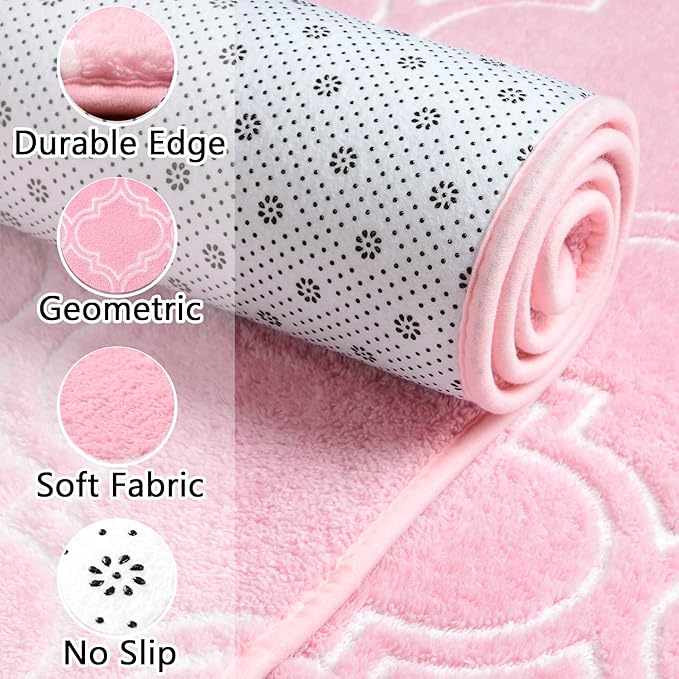 Chicrug Shag Geometric Modern Area Rug for Bedroom, 4x6 Feet Memory Foam Indoor Carpet, Fluffy Rug for Living Room Bedside Room Decor for Family Girls Kids Nursery Play Mat, Pink/White