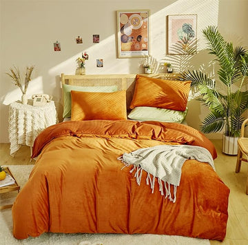 Burnt Orange Color Velvet Comforter Set King Solid Rust Color Flannel Velvet Bedding Comforter Set All Caramel Colour 3 PCs Shaggy Soft Warm and Durable Flannel Blanket King