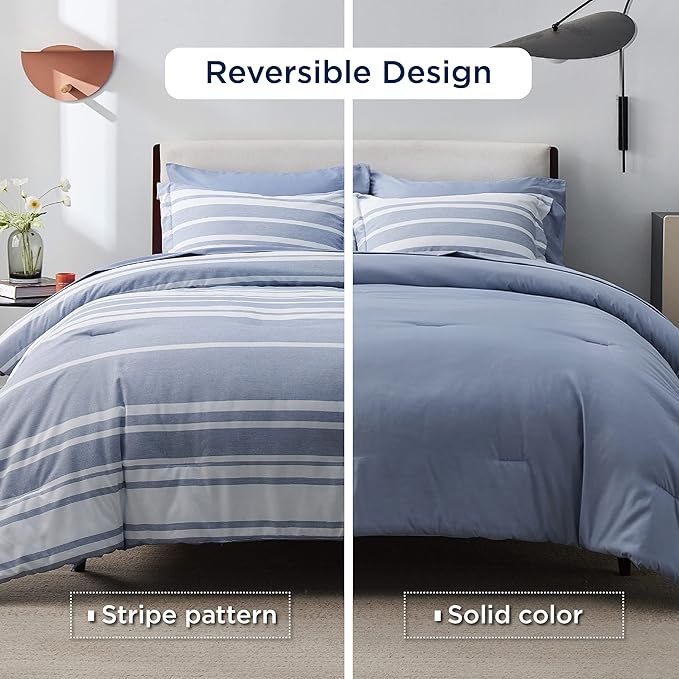 Bedsure Bed in a Bag Queen 7 Pieces - Blue Striped Comforter Set Queen All Season Bed Set, Bed Set Queen Size with 1 Comforter, 1 Flat Sheet, 1 Fitted Sheet, 2 Pillowcases & 2 Shams