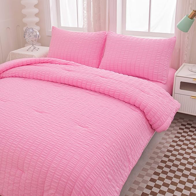Twin Bed in a Bag Pink Seersucker Comforter Set 5-Pieces Microfiber Lightweight Comforter All Season Bedding Sets with Comforter,Flat Sheet,Fitted Sheet and Pillowcases