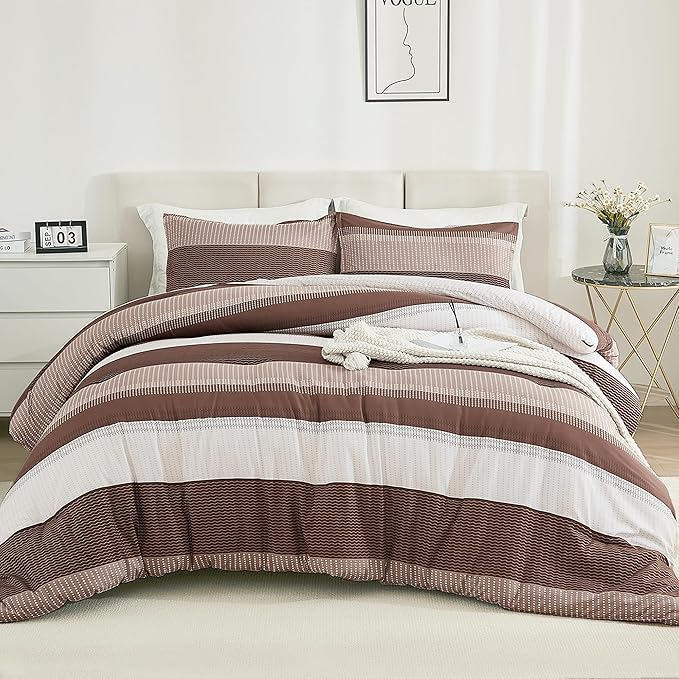 Litanika Brown Comforter Set King - 3 Pieces Lightweight Brown White Colorblock Stripe Fluffy Bedding Comforter Sets, All Season Bed Set