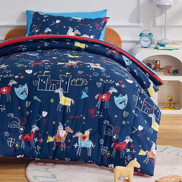 SLEEP ZONE 7 Pieces Kids Comforter Bed in A Bag, Soft Lightweight, Fluffy & Durable Children Bed Set with Comforter, Sheet, Pillowcase & Sham (Knight‘s Tale, Full/Queen)