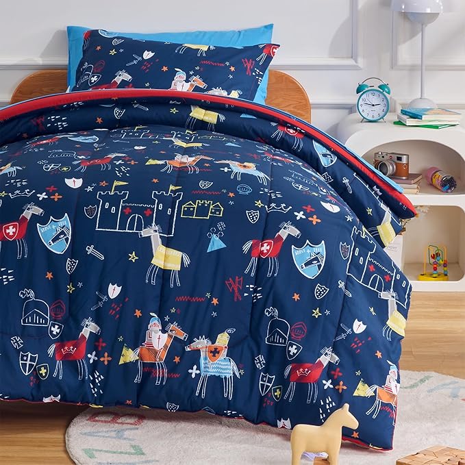 SLEEP ZONE Kids Twin Size Bedding Comforter Set 5 Pieces Breathable All Season Use for Boys (Knight‘s Tale, Twin)