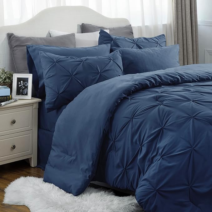 Bedsure California King Comforter Set - Cal King Bed Set 7 Pieces, Pinch Pleat Navy Blue Cali King Bedding Set with Comforter, Sheets, Pillowcases & Shams
