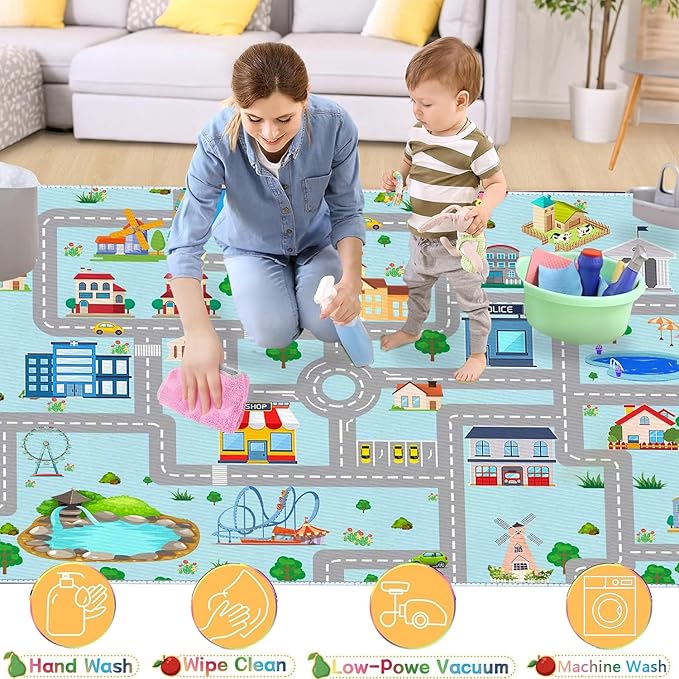 Kids Car Rug,4x6 City Life Traffic Road Playmat for Toy Cars Trains, Non-Slip Race Track Carpet Educational Fun Area Rugs for Boy and Girl Bedroom Nursery