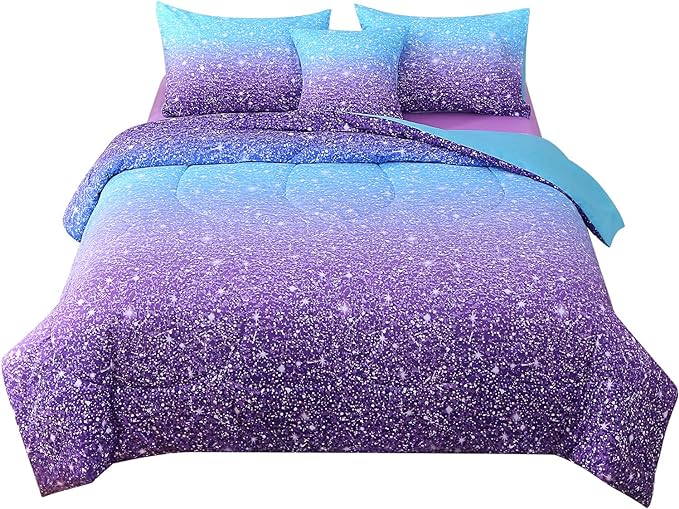 JQinHome Glitter Comforter Set Twin Size,6 Piece Bed in A Bag 3D Colorful Ombre Bedding Set for Girls kids(1 Comforter,2 Pillowcases,1 Flat Sheet,1 Fitted Sheet,1 Cushion Cover)(Blue Purple)