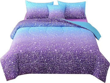 JQinHome Full Blue Purple Comforter Set, 6 Piece Bed in A Bag 3D Colorful Ombre Bedding Set for Girls Women (1 Comforter,2 Pillowcases,1 Flat Sheet,1 Fitted Sheet,1 Cushion Cover)(Blue Purple)