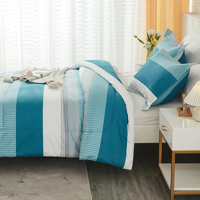 Litanika Teal White Bed Comforter Twin Set, XL Twin Comforter Striped Bedding Comforter Set, 2 Pieces Lightweight Soft All Season Down Alternative Comforter (1 Comforter, 1 Pillowcase)