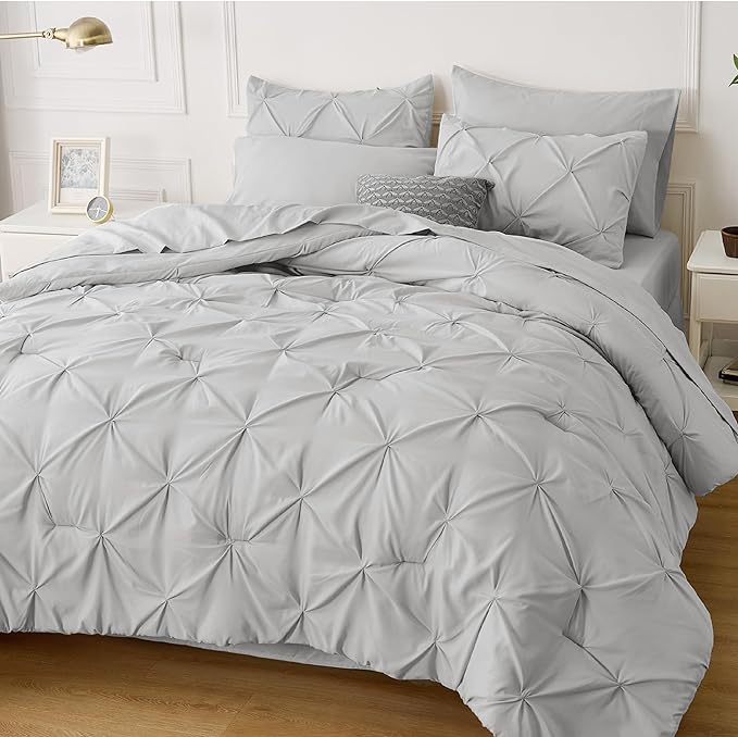 Bedsure Light Grey Comforter Set Queen - Bed in a Bag Queen 7 Pieces, Pintuck Beddding Sets Green Bed Set with Comforter, Sheets, Pillowcases & Shams