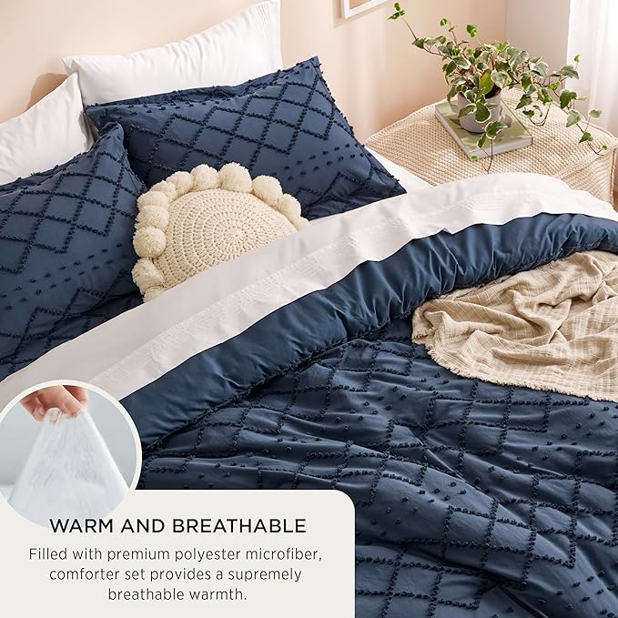Bedsure King Size Comforter Set - Navy Blue Comforter, Boho Tufted Shabby Chic Bedding Comforter Set, 3 Pieces Farmhouse Bed Set for All Seasons, Fluffy Soft Bedding Set with 2 Pillow Shams
