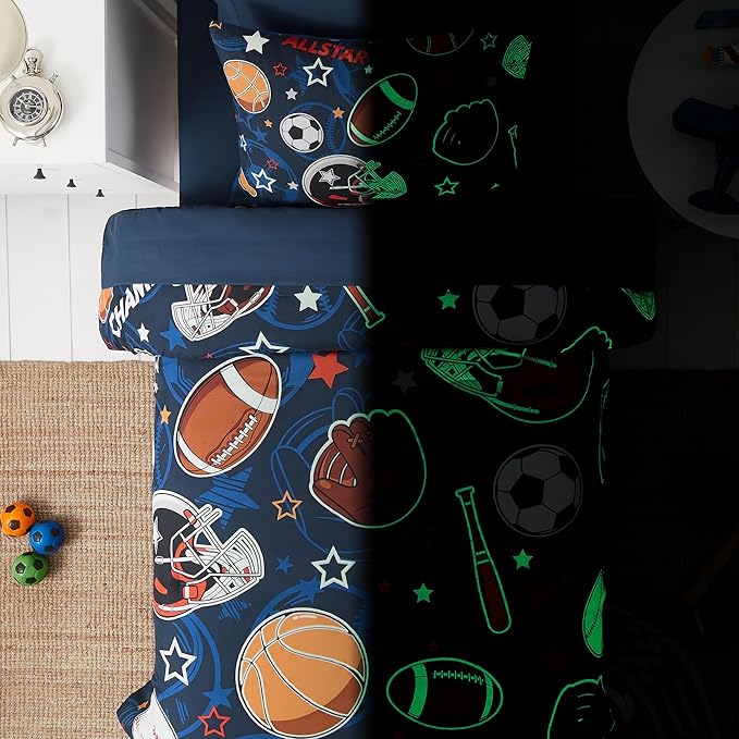 Sports Ball Games Twin Comforter Set with Sheets - 5 Pieces Kids Twin Bedding Sets for Boys, Glow in The Dark Baseball Basketball Football Soccer Twin Bed in a Bag for Kids, Teens