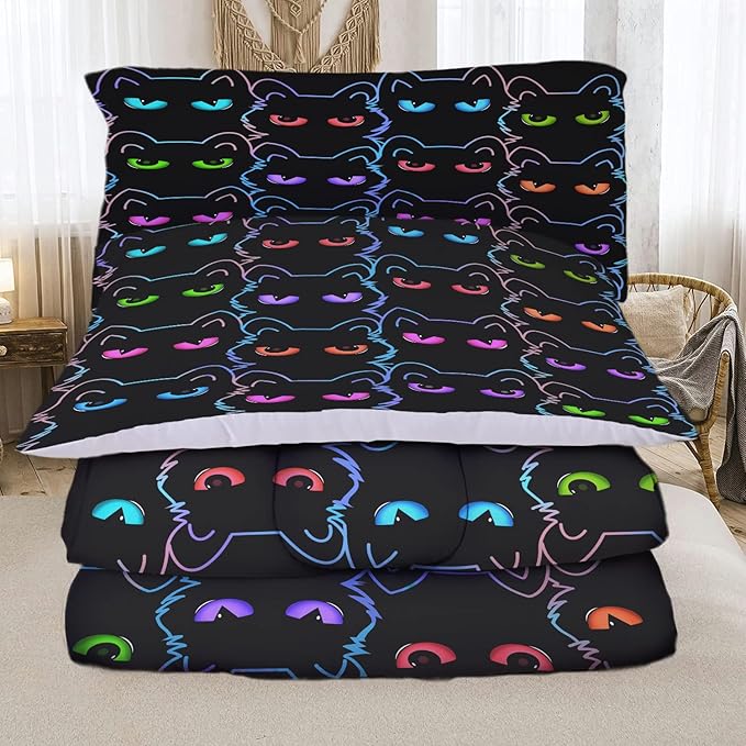 Sunnycitron Cartoon Cat Bedding Queen Comforter set Black Cat Comforter set Gradient Line Cat Quilt 3D Neon Cat Bed set Black Cat Bedding set for Teens Kids Boys Girls Adults