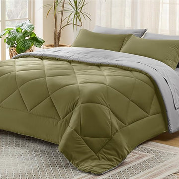 Bedsure Olive Green California King Size Comforter Set - 7 Pieces Reversible Cal Bed in a Bag Bed Set with Comforters, Sheets, Pillowcases & Shams, California King Bedding Sets