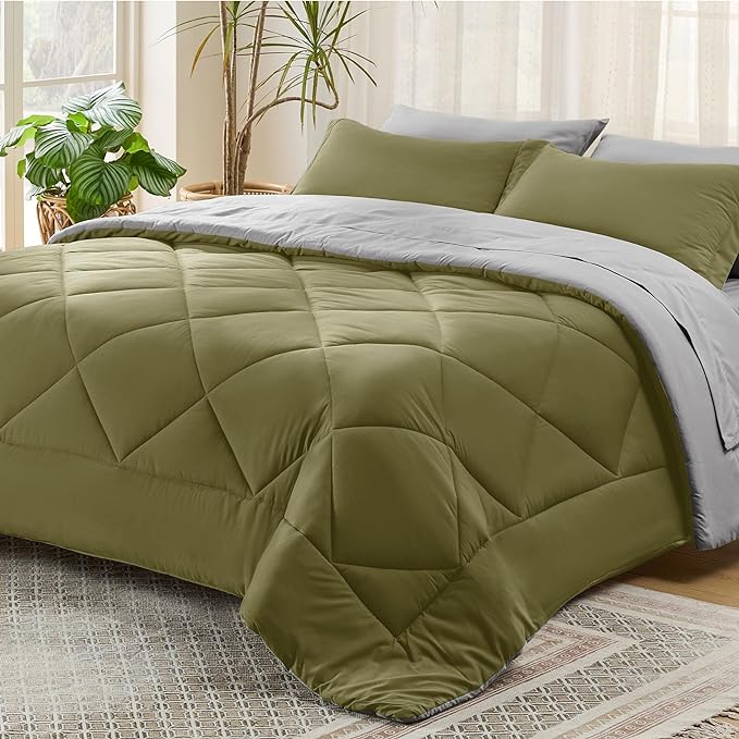 Bedsure Olive Green California King Size Comforter Set - 7 Pieces Reversible Cal Bed in a Bag Bed Set with Comforters, Sheets, Pillowcases & Shams, California King Bedding Sets