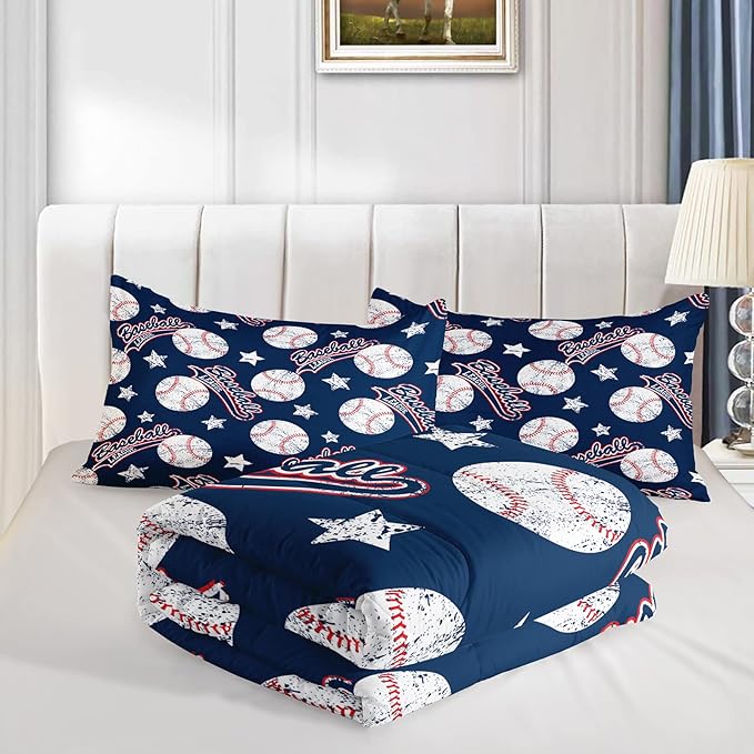 3D Baseballs Comforter Queen Size,Blue Baseball Kids Comforter Set,3Pcs Bedding Set Printed Comforter with 2 Pillowcases,Down Alternative,Soft and Lightweight,for All Seasons