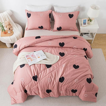 Love Pattern Girls Pink Comforter Set King Size, Cameo Brown Cute Love Heart Sexy Comforter Bedding Set for All Seasons, Soft Microfiber 3 Pieces Comforter Set with Pillowcases